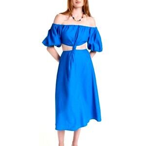 FARM RIO Linen Dress Med Blue Cut Out Off Shoulder Boho Artsy Coastal Nautical